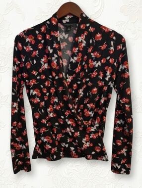 Banana Republic Black & Red Floral Print Wrap Blouse